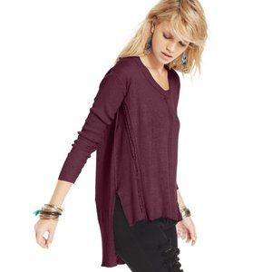 Free People Ribbed Lace Trim High-Low Scoop Neck Purple Tunic Length Sweater S